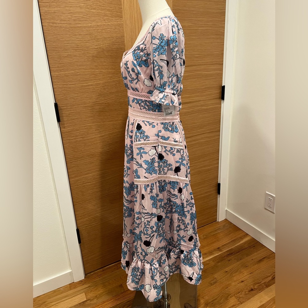 Self-Portrait Pink Floral Midi Dress with Blue Floral Print and Black Accents - Picture 5 of 8